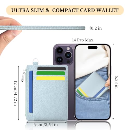 Hancynir Minimalist Slim Wallet Women Credit Card Holder, RFID Small Cute | Zipper Pocket Wallet, Thin Travel Coin Purse, Ladies Women Gifts, Key Chain Card Case, 6 Card Slots, ID Window, PU Leather - color: 01-Lichee Blue