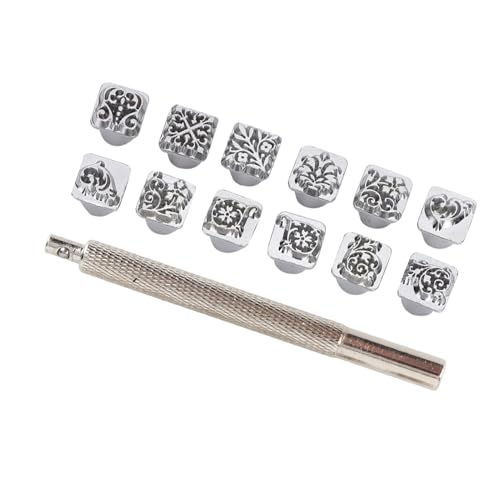 12PCS Leather Stamping Tools, 12 Patterns Zinc Alloy Leather Craft Stamps Punch Set Tool, Flower Design Leather Stamper for Leather Craft DIY Jewelry Marking