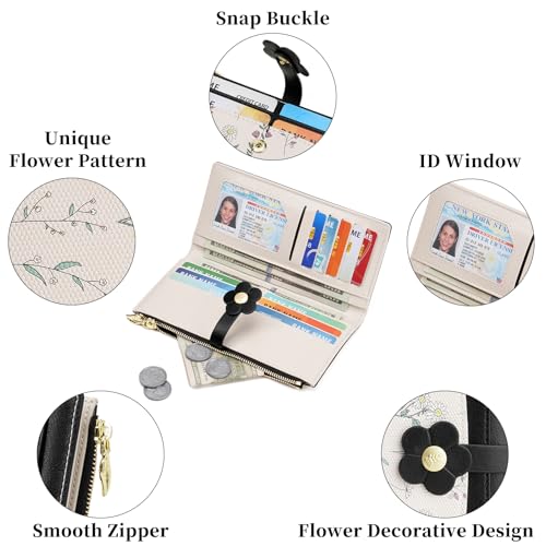 GAEKEAO Womens Wallet Slim Thin RFID Blocking Bifold Floral Vegan Leather Card Holder Large Capacity Wallet with Zipper Pocket - color: Y-Black