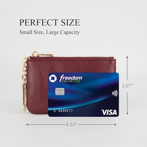 Full Grain Leather Coin Purse with Key Chain - Small Change Purse Keychain Card Holder Keychain Pouch Small Keychain Wallet for Women and Men (Burgundy) - color: Burgundy, Regular Size
