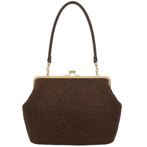 Kiss Lock Frame Handbag, PU Leather Shoulder Tote Bag Messenger Hobo Clutch Purse for Women Formal Work Leisure - color: Straw Coffee