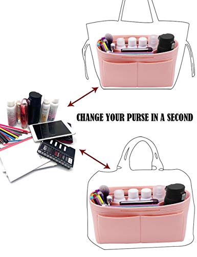LEXSION Felt Purse Organizer Insert Zipper Pocket with Two Removeable Bottle Holder - color: Pink, size: X-Large
