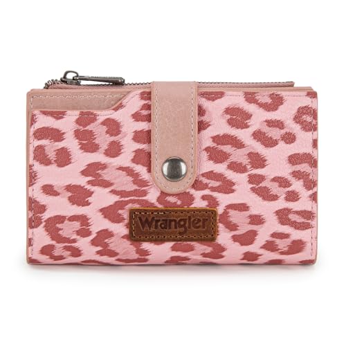 Wrangler Wallet for Women Bifold Card Holder with Zipper and ID Window - color: Leopard Print-Pink