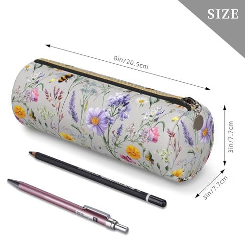 OSAM SPACE Leather Pencil Case Round Pencil Bag Flowers Plant Butterfly Bees Pen Organizer Holder Portable Zipper Pouch Cute School Supplies for Girls Boys Study Office - color: Flowers Plant Butterfly Bees