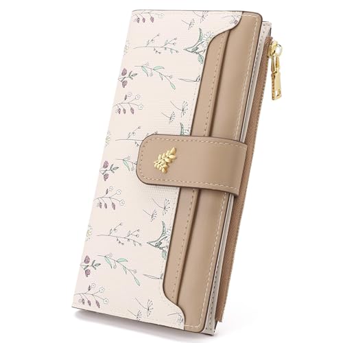 GAEKEAO Womens Wallet Slim Thin RFID Blocking Floral Vegan Leather Card Holder Bifold Long Ladies Wallet with Zipper Pocket - color: Khaki