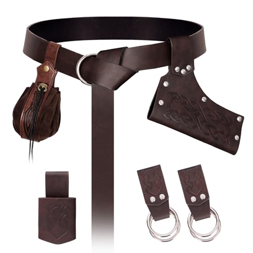 Renaissance Belt Pouch Medieval Pirate Costume Accessories Set for Cosplay | Viking Faux Leather Waist Bag, Skirt Hike Clips, Perfect for Women and Men Ren Faire, LARP, Fantasy, Halloween - color: Brown-W