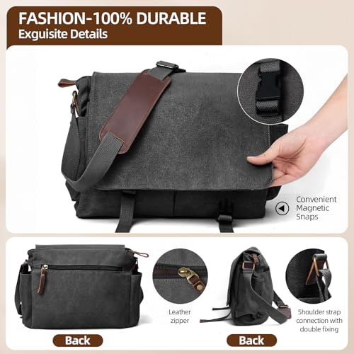 Messenger Bag for men Laptop Bag UnisexRetro Canvas Bag14-15.6 inches Casual single shoulder bag For Work College Travel - color: Black