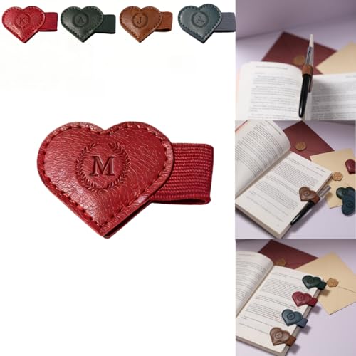 Magnetic Leather Bookmarks with Pen Holder, 26 Letters Name Initial Custom Personalized Heart-Shaped Book Marks for Book Lover Readers, Bygone Cute Leather Bookmark Gift for Women,Girls (Red,M) - color: Red, size: M