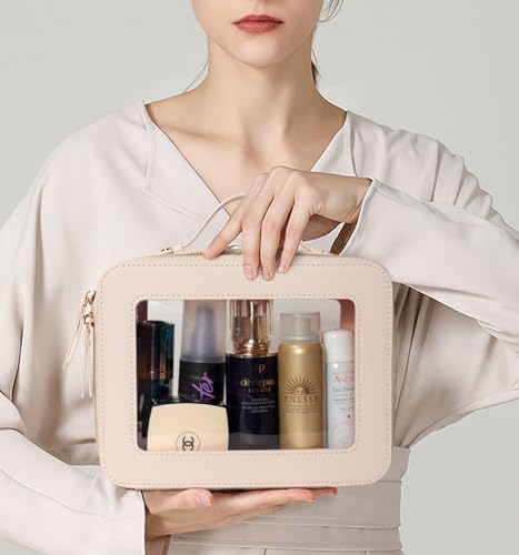 Clear Mahjong Tile Storage Bag - TSA Approved Toiletry Bags with Zipper,Beach Car Makeup Organizer for Carry-on Travel Essentials,Clear Cosmetic Bags for Women & Girls (Large Beige) - color: Beige, style: Large