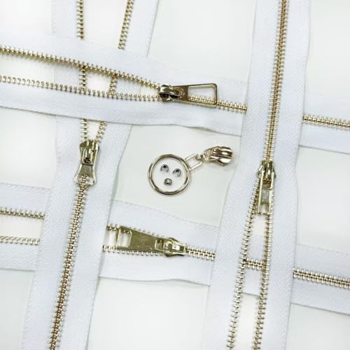 #5 Heavy Duty Metal Zipper 5 Pieces 1 Yard Long Each(White/Gold Teeth) | 10 sliders, 20 top stops, pre-cut 1 yard each, for bags, pillows, jackets, DIY crafts, home decor - color: White/Gold Teeth