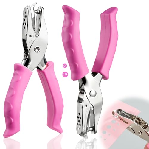 2 Pcs Single Hole Punch, 1/4" and 1/8" Hole Puncher with Pink Soft Grip | Mini Hole Punchers for Home, Office, Classroom, Handheld Small Circle Paper Punch for Crafts, Gift Tags, Tickets, Scrapbooks