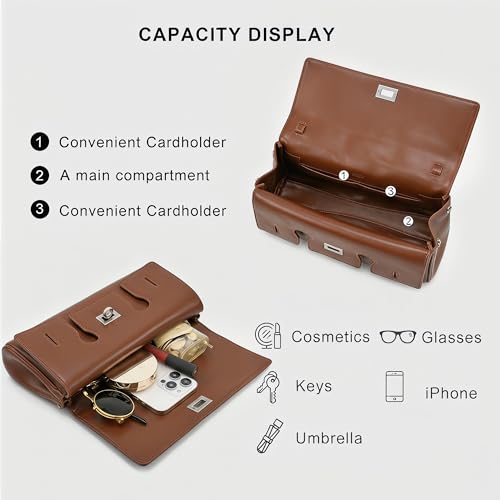 Genuine Leather Shoulder Bag for Women Top Handle Handbag Crossbody Purse | Silver-Tone Turn-Lock Closure, Adjustable Shoulder Strap, Smooth Zipper and Organized Interior with Convenient Card Slots - color: Brown