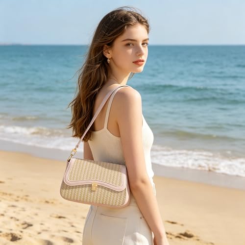 KKXIU Small Shoulder Bag for Women Cute Hobo Handbags Mini Clutch Purses | Classic Trendy Retro Underarm Crossbody Bag with Detachable Straps, Zipper Closure - color: Straw Weave-beige