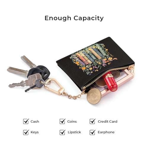 Book Flower Keychain Coin Purse for Women Small Cute Change Pouch | Zipper Key Chain Purse, Little Mini Zip Pocket, PU Leather, Travel Wallet for Girls, Coin Cash Holder, Key Ring, Women Gifts - color: Book and Flower