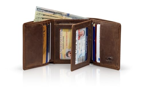 Stealth Mode Leather Trifold RFID Wallet For Men With Flip Out ID Holder - color: Crazy Horse Brown