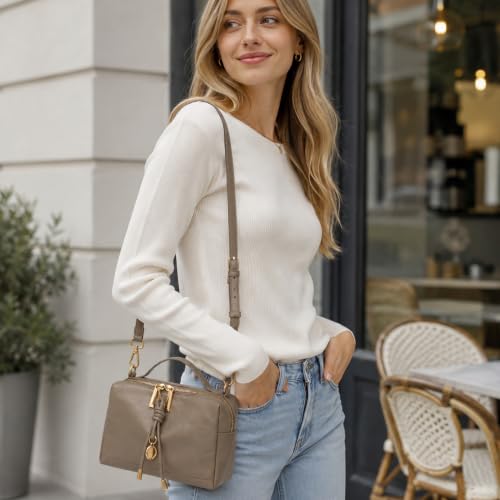 Genuine Leather Shoulder Bag for Women Small Top Handle Bag Crossbody Purse | Smooth Double Zipper Detachable Adjustable Strap Gold-Tone Hardware and Organized Three-Compartment Interior - color: Grey