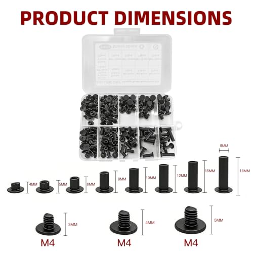 110 Sets Matte Black Chicago Screws Assorted Kit, 8 Sizes of Round Flat Head Leather Rivets Metal Screw, Used for Leather Crafts, Clothing, Shoes, Belts (Matte Black M5-4,5,6,8,10,12,15,18) - color: Matte Black M5-4,5,6,8,10,12,15,18