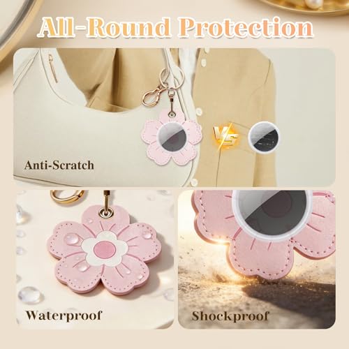 Leather Keychain Holder for AirTag, Floral Protective Case, 2 Pack - color: Pink, Purple, size: 2 Pack