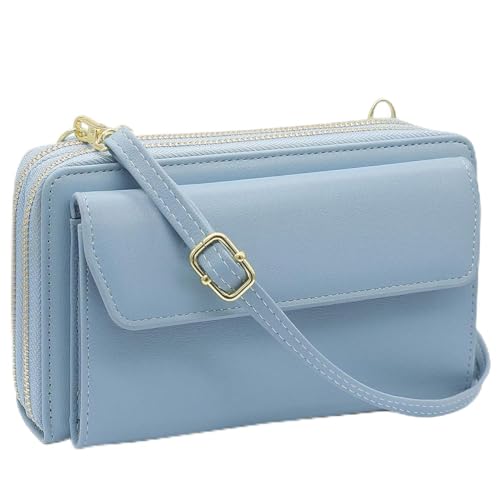 Women Leather Wallet Crossbody Shoulder Bag with Double Zipper and Mobile Phone Purse with Shoulder Strap - color: 109-blue