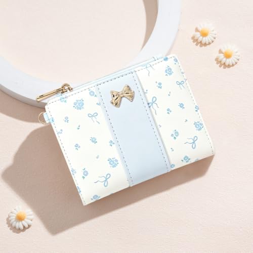 Floral Bow Small Zipper Wallet for Women Girls (BIFOLD-BLUE) | Bifold Wallet, Zipper Coin Pocket, ID Window, 5 Card Slots, Removable Wrist Strap - color: BIFOLD-BLUE