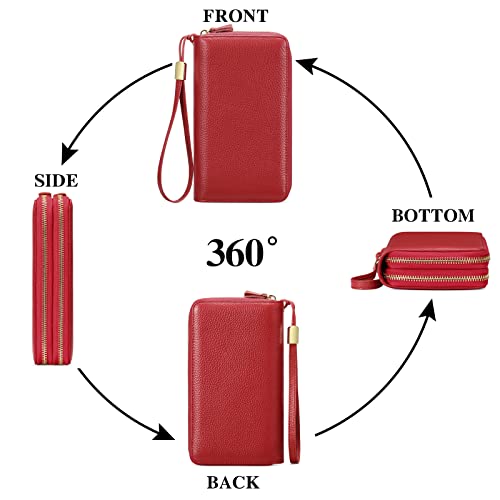 SENDEFN Leather Women Wallet RFID Blocking Zipper Around Phone Holder Clutch Wristlet Large Capacity - color: Red