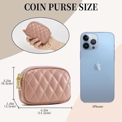 WOZEAH Leather Coin Purse for Women Small 2 Zipper Change Wallet with Key Ring Card Key Coin Cash Holder Pouch(Quilted Purple) - color: Quilted Purple