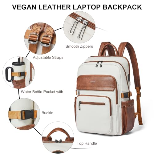 Leather Laptop Backpack for Women Fits 17" Laptop, with RFID Wristlet Purse - color: Beige
