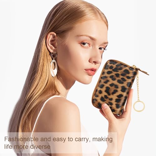 Double Zipper Card Wallet Credit Card Holder Leopard Brown Leather Small Cute Card Wallet for Women with Keychain, Leopard - color: Leopard