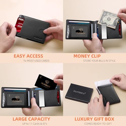 RUNBOX Slim Wallet for Men - RFID Blocking Leather Bifold with Money Clip | Minimalist Front Pocket Wallet Holds 11 Cards,Slim Thin Design,RFID Blocking Protection, Practical Birthday Gifts for Men - color: Metal Black