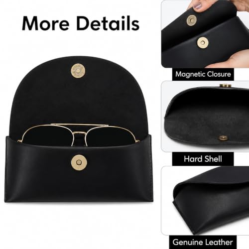 Leather Sunglasses Case Genuine Eyeglass Holder Reading Glasses Protector Vintage Eyewear Storage for Men and Women - color: Black
