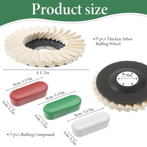 12 Pcs 4-1/2" Wool Polishing Wheel Disc & 3 Polishing Compounds | 7/8" Thicken Arbor Buffing Wheel Wool Felt Flap Disc for Angle Grinder Multi Surface Metal Wood Automotive