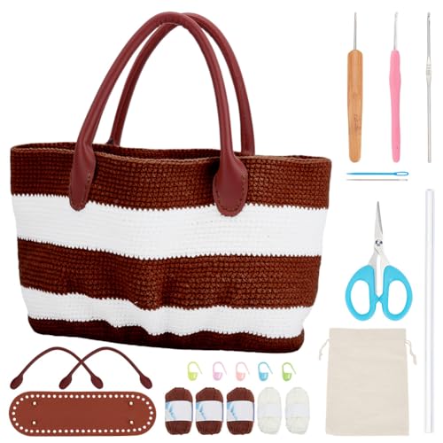 ORIGACH DIY Crochet Handbag Kit for Beginners, Dark Brown Striped Tote Bag with PU Leather Band and Base, Complete Crochet Set to Make a Bag, Include Yarn, Hooks, Markers and Instruction - color: Dark Brown