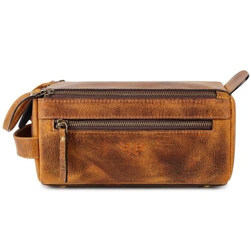 Premium Handmade Genuine Leather Toiletry Bag for Men & Women, Dopp Kit & Shaving Travel Organizer, Cosmetic Wash Bag with Zipper Pocket Travel Pouch, Gift for Him & Her - Tan Brown - color: Tan (Large)