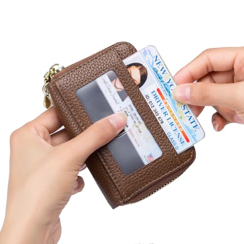 imeetu Rfid Credit Card Holder, Businese Card Case, Wallet for Women Men | Genuine Leather Card Wallet with id Window, Keychain & Double Zipper, Water-resistan Small Wallet with Gift Box, Daily Travel - color: Max - Brown