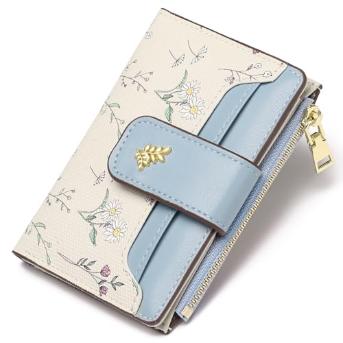 GAEKEAO Wallet Women Small RFID Vegen Leather Card Holder for Women | Compact leather wallet, credit card holder, RFID protection, ID window, coin pocket, lightweight travel purse - color: Blue