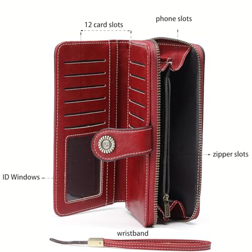 Women Leather Wallet Crossbody Shoulder Bag with Double Zipper and Mobile Phone Purse with Shoulder Strap - color: 665-red