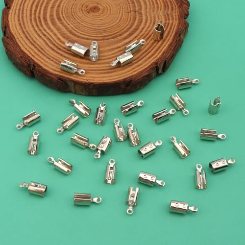 200pcs Fold Over Cord Ends Crimp End Tips Stainless Steel Cord Crimp End Tips Leather Ribbon Ending Clasp Tips Jewelry Connector for Bracelets Leather Jewelry Making(White K - color: white k