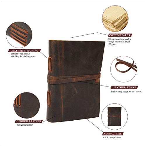 Leather Journal Travel Diary, Handmade Vintage Bound Notebook For Men & Women, Antique Finish, Genuine Buffalo Leather- Quality Unlined Paper Perfect for Notes, Art Sketchbook, 9X6 Inches, Brown - style: 9X6 Inches - Brown Unlined (Deckled Edge)
