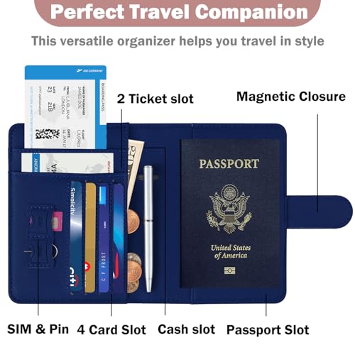 HOTCOOL Passport Holder Travel Essentials Airplane & Cruise Essentials Ship Leather Wallet Cover Case RFID Blocking Women & Men Vacation Travel Accessories Gifts Deals, Litchi - Navy Blue - color: A Litchi Navy