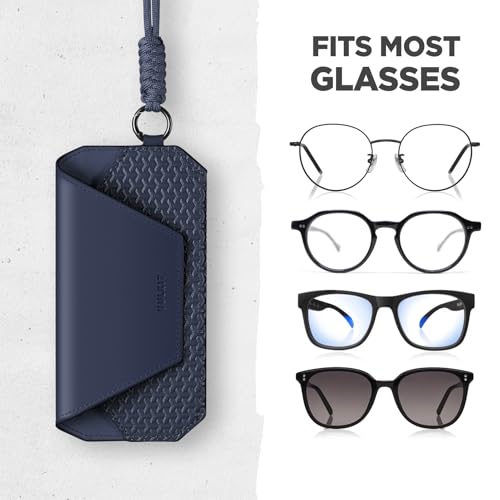 VULKIT Portable Leather Eye Glasses Case for Women & Men, Slim Sunglass Case, Unisex Eyeglass Case - color: Ink Navy With Lanyard