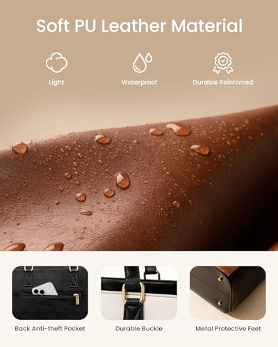 LOVEVOOK Laptop Bag for Women,15.6 Inch Vintage Work Tote Bags for Women,Leather Teacher Bag,Large Handbag Computer Briefcase - color: Black/White/Brown