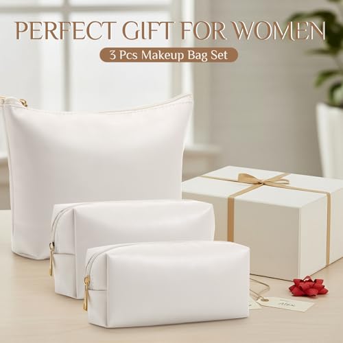 Kigeli 3 Piece Leather Makeup Bag Set Graduation Women Gifts PU Leather Makeup Toiletry Bag Bridesmaid Cosmetic Pouch Small Aesthetic Travel Purse for Wedding Birthday Women Gifts(Beige) - color: Beige