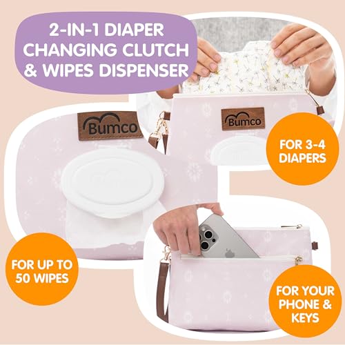 Bumco Portable Diaper Clutch Bag with Built-In Baby Wipes Dispenser (Lilac) | Airtight refillable wet wipes dispenser container. Portable travel pouch holder for quick baby cleanups on the go. - color: Lilac