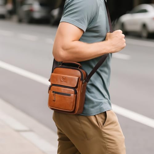 Mens Shoulder Bag Leather Crossbody Bags Leather Sling Bag Messenger Bags | LEBULLBRO Shoulder Bag for Men Crossbody Bags Leather Sling Bag Messenger Bags with Multiple Pockets Business - color: Yellow Brown