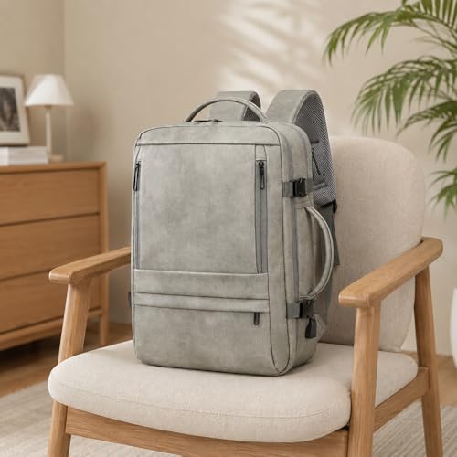 40L Travel Backpack for Men, Carry On Backpack Flight Approved, Grey | PU Leather, Flight Approved, Laptop Sleeve, Expandable, for College Travel - color: Grey