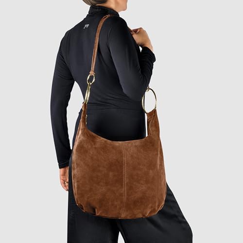 Italian Genuine Suede Hobo Bag for Women with Zippered Closure and Ring Handle Hardware | Large Shoulder Handbag (Brown) - color: Brown