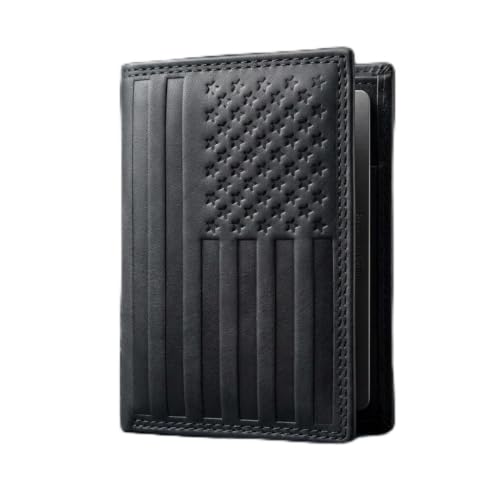 ASAD Leather Slim Everyday Trifold Wallet with ID Window and Multiple Card Slots | Genuine Leather Double Stitched RFID Blocking Stylish | Gift for Him | Black Crazy Horse American Flag Design - color: Black Crazy Horse American Flag Design