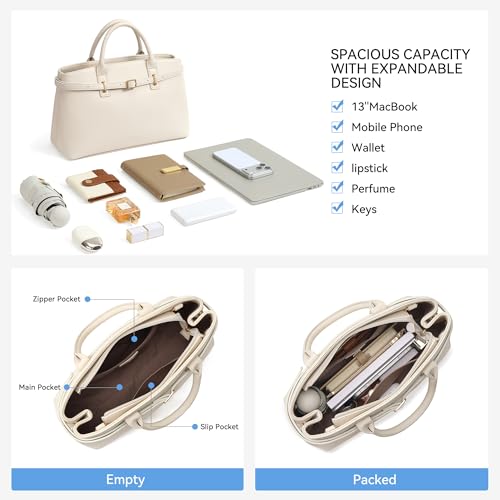 BOSTANTEN Soft Structured Satchel Bag for Women Medium Work Tote Handbag | Commute or everyday, Luxury Pebble Leather or Faux Suede, Professional Style, Removable Strap, Expandable, Giftable Choice - color: White