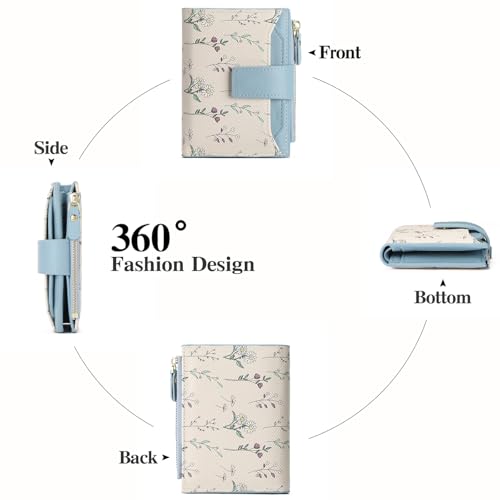 GAEKEAO Small Wallets Woman RFID Blocking Vegan Leather Bifold Floral Ladies Compact Card Holder with Zipper Pocket ID Window - color: B04-Blue