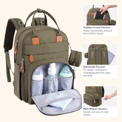 BabbleRoo Diaper Bag Backpack - Baby Essentials Travel Tote - Multi Function Water Resistant Diaper Bag, Travel Essentials Baby Bag with Changing Pad, Stroller Straps & Pacifier Case - Army Green - color: Army Green, size: Large